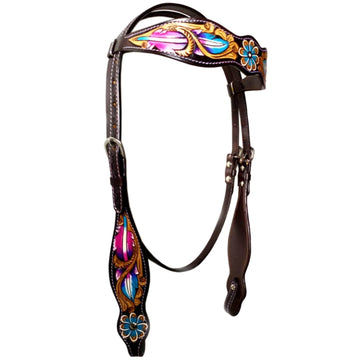 Bar H Equine Horse Leather Floral Feather One Ear Headstall Dark Brown